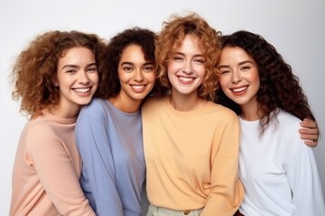 Fototapeta premium Team. Young Caucasian women in casual clothes smiling in studio