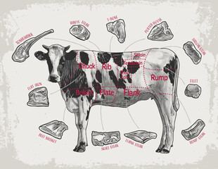 Detailed retro illustration showcasing different cuts of beef on a cow diagram