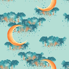 Half moon and clouds seamless pattern. Cute background.