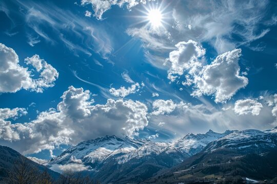 A photo of the Alps with snow on top, sky view, blue skies, dramatic clouds Generative AI