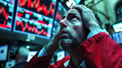 Wall Street investors, hands on head, gaze upward at red charts on crowded trading floor, conveying...