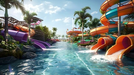 Colorful water slides at a tropical water park on a sunny day. ideal vacation destination for families. vibrant, fun-filled, leisure activity. AI - obrazy, fototapety, plakaty