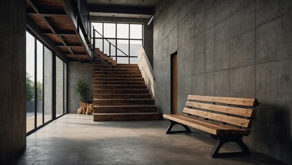 Loft interior design of modern entrance hall with staircase and rustic wooden bench near concrete wall with copy space