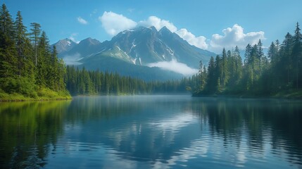 Fototapeta na wymiar Majestic Mountain Reflection on Serene Forest Lake Under Clear Sky.