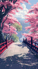 Japanese Park Sakura Cherry Blossom Illustration