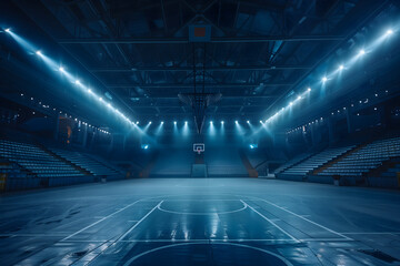 Stade de Basketball Intérieur avec Gradins Vides et Éclairage Artificiel - obrazy, fototapety, plakaty