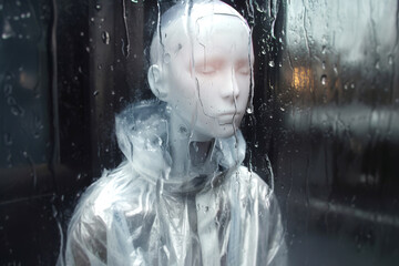 Sad mannequin in a clear raincoat in the rain through a wet window.
