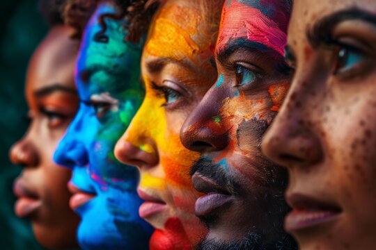 Close-up portrait of a group of people from different ethnic groups with paint on their faces. Concept of diversity.