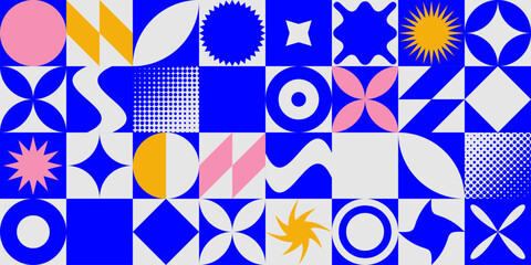 Seamless abstract geometric shape pattern. Repeating Swiss mosaic block form background. Colorful graphic design primitive elements for poster, cover, presentation, print, banner. Vector wallpaper © vika_k