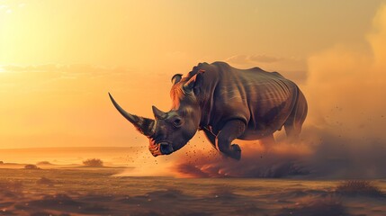 Surreal scene of a flying rhino in a golden sunset sky. dreamy fantasy landscape, digital artwork for creative design. AI