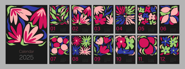 Floral calendar template for 2025. Vertical design with bright colorful flowers and leaves. Editable illustration page template A4, A3, set of 12 months with cover. Vector mesh. Week starts on Monday.