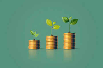 Trois piles de pi&egrave;ces d&rsquo;or croissantes avec une jeune pousse verdoyante  sur chaque sommet de chaque pile