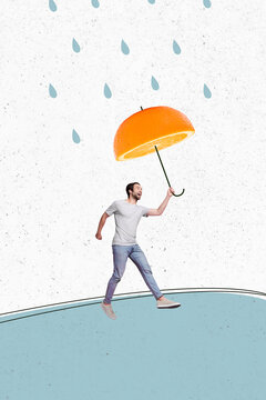 Trend artwork sketch image composite 3D photo collage of young guy walk outdoors while rain drops fall down hold orange umbrella in hand