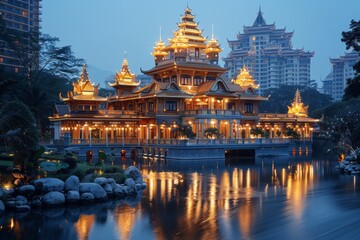 A Tranquil Evening View of an Illuminated Temple Reflecting on Water - obrazy, fototapety, plakaty