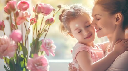 Obraz na płótnie Canvas Heartwarming mother and daughter moment with flowers. a tender embrace in soft light. caring family lifestyle photo. perfect for mother's day promotions. AI