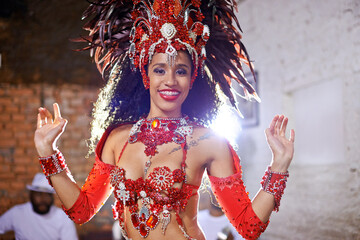 Portrait, dance and costume for Brazilian female dancer, celebration and traditional festival....