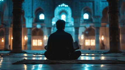 Muslim man reciting quran in the night in beautiful mosque