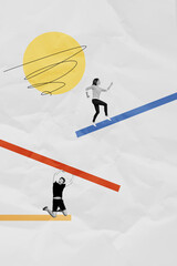 Vertical photo collage of two employees girl run get promoted success angry guy fall down dismissal...