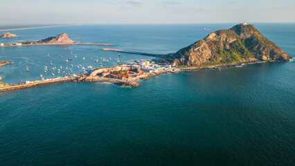 Aerial Drone Fly Mazatlan Sinaloa City Mexico Panoramic Blue Sea Coastline Pacific Ocean