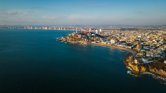 aerial view of Mazatlan Mexico City with coastline Pacific Ocean 