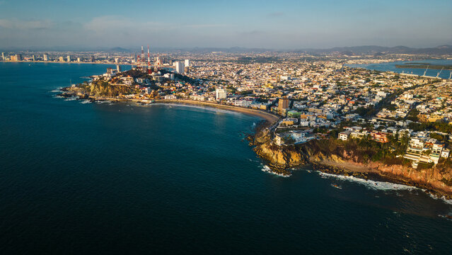 aerial view of Mazatlan Mexico City with coastline Pacific Ocean 