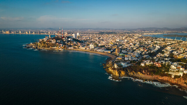 aerial view of Mazatlan Mexico City with coastline Pacific Ocean 