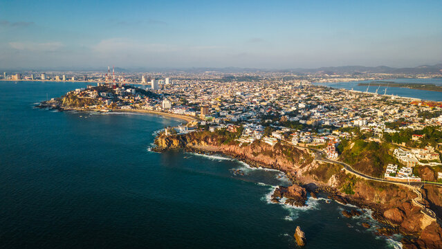 aerial view of Mazatlan Mexico City with coastline Pacific Ocean 