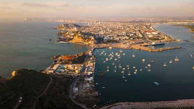 aerial view of Mazatlan Mexico City with coastline Pacific Ocean 
