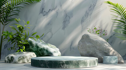 Stone podium scene summer background 3D render product stage presentation green pedestal plant rock leaf art abstract