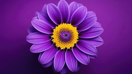 One purple flower on purple monochrome background. Copy space, place for text, empty space. View from above.