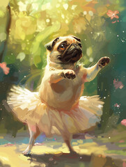 Pug Dancing Ballerina Illustration