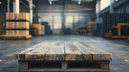 Empty wooden pallet in a spacious warehouse. focus on logistics and distribution. industrial storage area. ideal for mockups and advertising. AI - obrazy, fototapety, plakaty