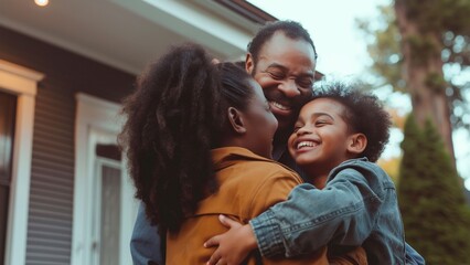 A happy family hugging each other in front of the house for the welcoming concept. - obrazy, fototapety, plakaty