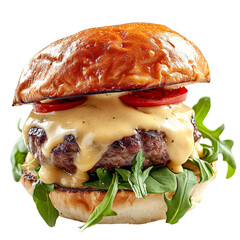  front view of Welsh Rarebit Burger with a juicy burger patty topped with Welsh rarebit cheese sauce, served in a classic British burger bun, isolated on a white transparent background. - obrazy, fototapety, plakaty
