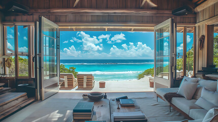 Beautiful tropical Maldives resort hotel and island with beach and sea - obrazy, fototapety, plakaty