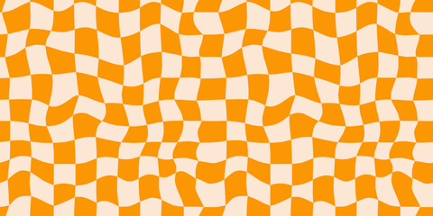 Seamless orange liquid checkerboard pattern. Repeated distorted checkered texture. Groovy trippy abstract surface background. Vector vintage retro style wallpaper for textile, fabric, wrapping paper - obrazy, fototapety, plakaty