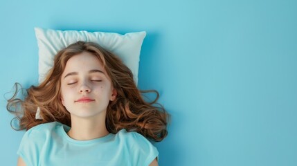 a young woman sleeping on pillow isolated on pastel blue colored background. Girl sleep deeply...