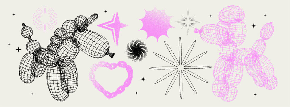 Balloon wireframe 3D shapes in trendy futuristic style with a photocopy effect. Brutal forms unicorn, dog, stars, heart. Vector dots and stippling illustration. Brutalism graphic.