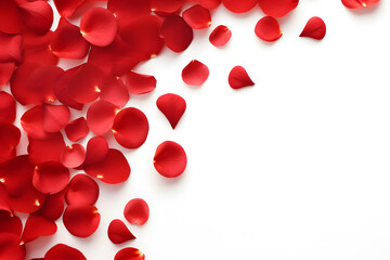 Top view Red rose petals on white background with copy space for text