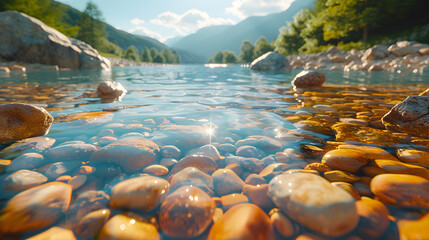 Skyward view over a crystal-clear mountain stream, edged by smooth stones, with room for copy, null of text, logos, brand identities, or letters, 16k brilliance, cinematic scope - obrazy, fototapety, plakaty