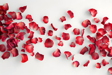 Top view Red rose petals on white background with copy space for text