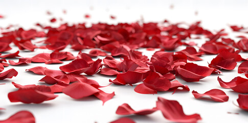 Red rose petals on white background with copy space for text