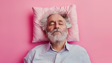 Elderly man sleeping on pillow isolated on pastel pink colored background Sleep deeply peacefully rest. Top above high angle view photo portrait of satisfied .senior wear blue shirt - obrazy, fototapety, plakaty