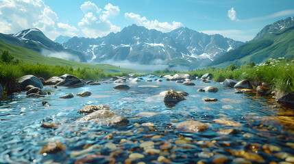Skyward view over a crystal-clear mountain stream, edged by smooth stones, with room for copy, null of text, logos, brand identities, or letters, 16k brilliance, cinematic scope - obrazy, fototapety, plakaty