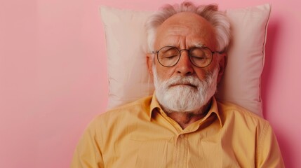 Elderly man sleeping on pillow isolated on pastel pink colored background Sleep deeply peacefully rest. Top above high angle view photo portrait of satisfied .senior wear yellow shirt