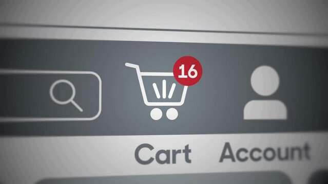 Animation of shopping cart icon with counter added online commodity on shopping web page.