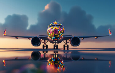 Airplane with flowers on the fuselage on the runway against the the sunset/dawn sky. Eco-friendly air transport concept. Environmental pollution. Harmful emissions. Ecological fuel. Happy vacation. - obrazy, fototapety, plakaty