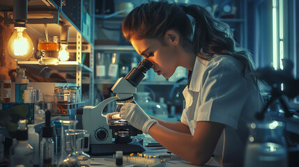 Female scientist working with microscope in laboratory. 