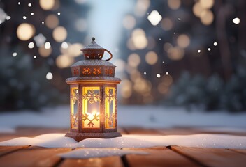 Christmas Lantern in snow with winter forest background. Winter decoration background with christmas lights