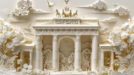 Naklejka premium The image is a paper cutout of a city with a large building in the center